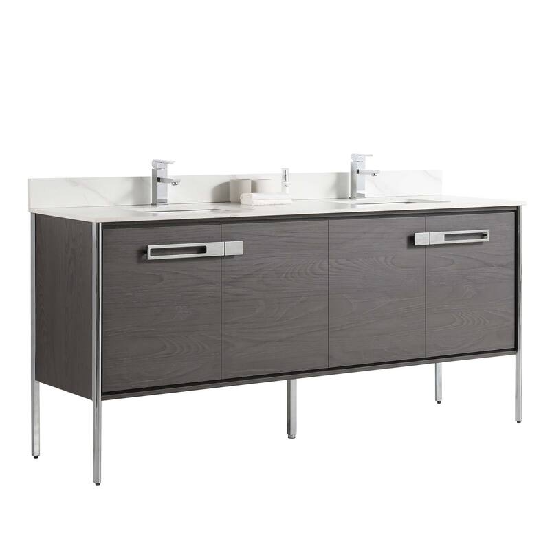 Fine Fixtures Oakville Bathroom Vanity with White Ceramic Sink - 72 Inch - Black Coal Oak - Chrome Hardware