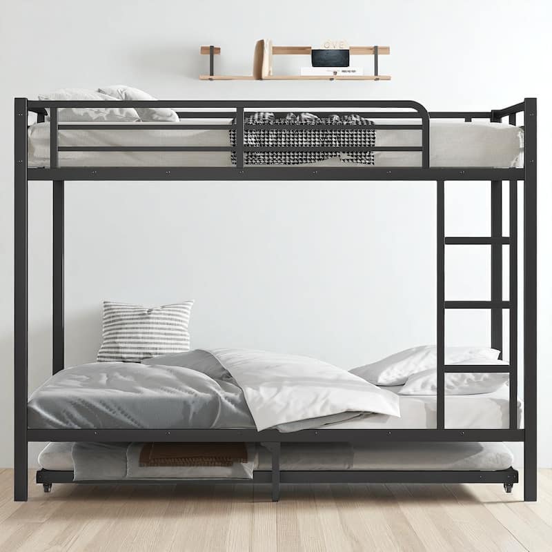 Industrial Twin XL Metal Bunk Bed with Wood Accents, Detachable Frame with Safety Rails and Underbed Storage