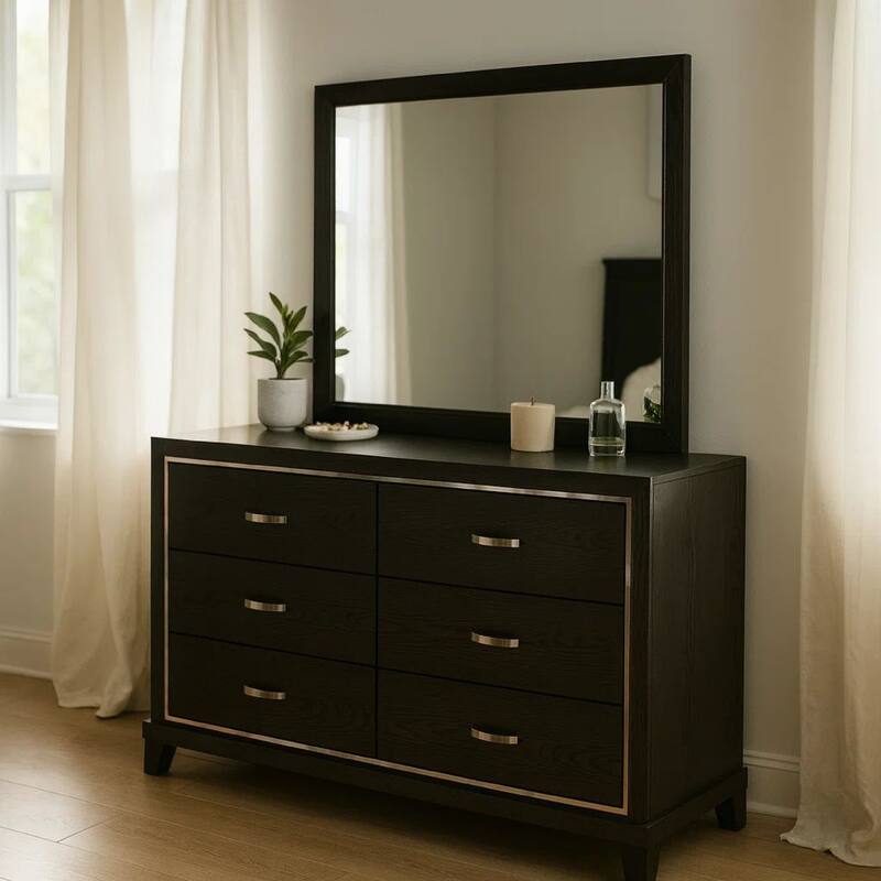 Lyla Wide Dresser, Silver Trim, 6 Drawer, Tapered Legs, Black Wood