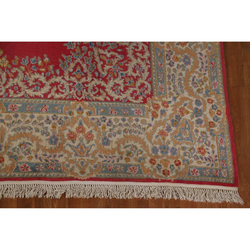 Hand Knotted Oriental 100% Wool Carpet Traditional Floral Pink Kerman Area Rug - 11' 11'' X 8' 6''