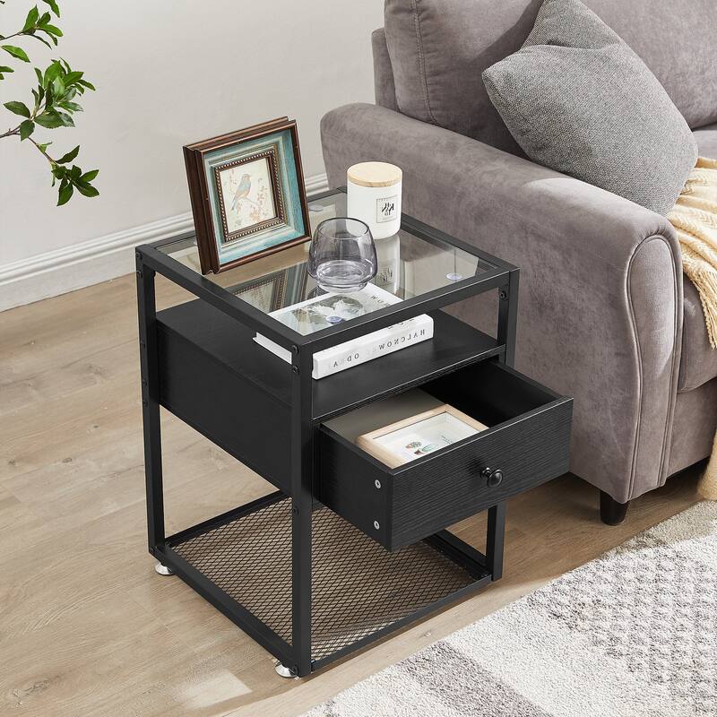 Javlergo Modern 1-Drawer Nightstand with Glass Top and Storage Shelf