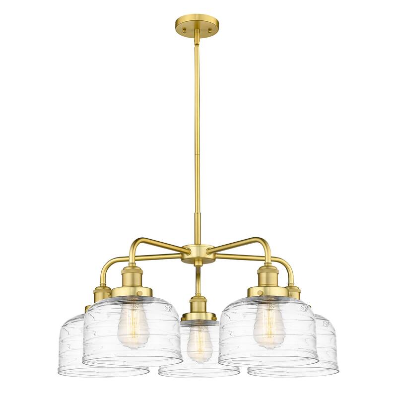 Innovations Lighting Bell - 5 Light 26" Stem Hung Chandelier - Satin Gold/Clear Deco Swirl