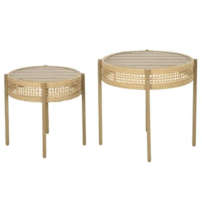 Brown Steel PE Rattan Nesting Patio End Tables with Wood Grain Top - Large Table: 23.2" L x 23.2" W x 21.7" H