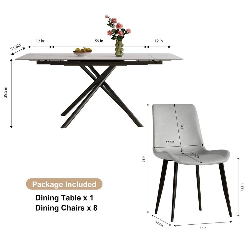 Retractable Sintered Stone Dining Table Set,steel table legs and a cross-leg structure at the bottom(Table + 8 Chairs)