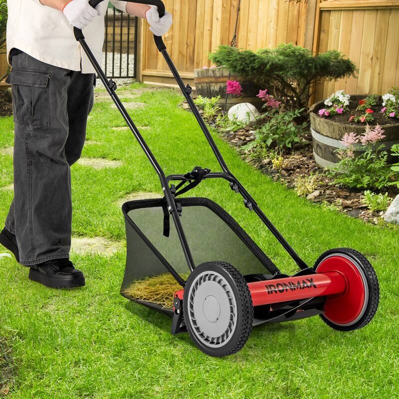 Manganese Steel Manual Lawn Mower with 5 Blades and Grass Bag - 23" L x 28" W x 49" H - Red