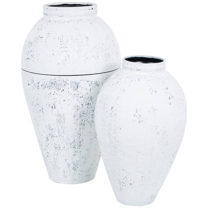 White Metal Tall Distressed Pot Floor Decorative Vase (Set of 2)