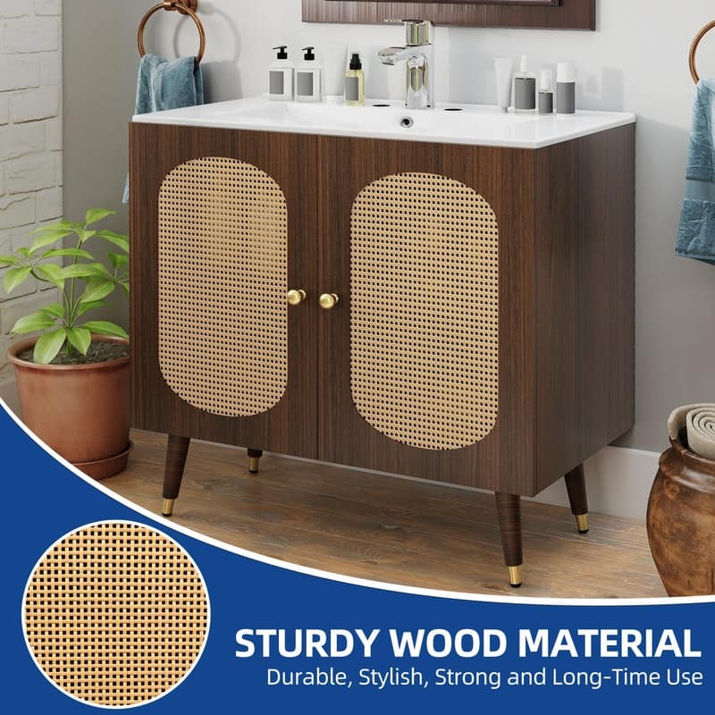 Moasis 24" Bathroom Vanity with Ceramic Sink, Rattan Double Door Cabinet and Drawer, Freestanding Solid Wood Legs
