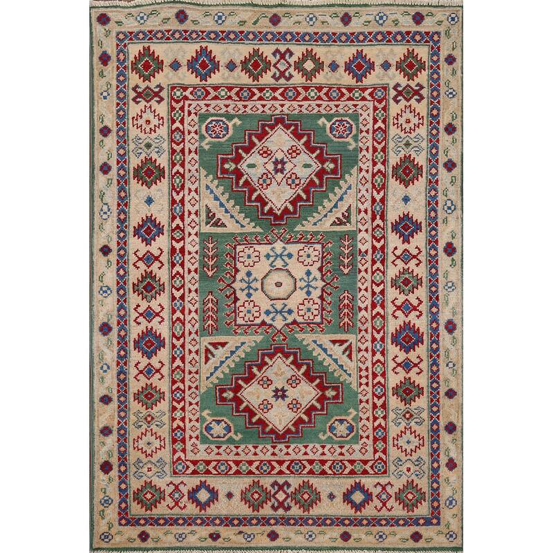 Kazak Oriental Accent Rug Handmade Green Wool Carpet - 3'3" x 4'8"