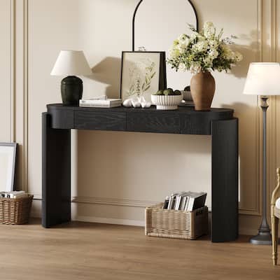 Elegant Entryway Console Table – Natural Wood Grain Finish with Fluted Detailing, Oval Top, and Two Storage Drawers‌