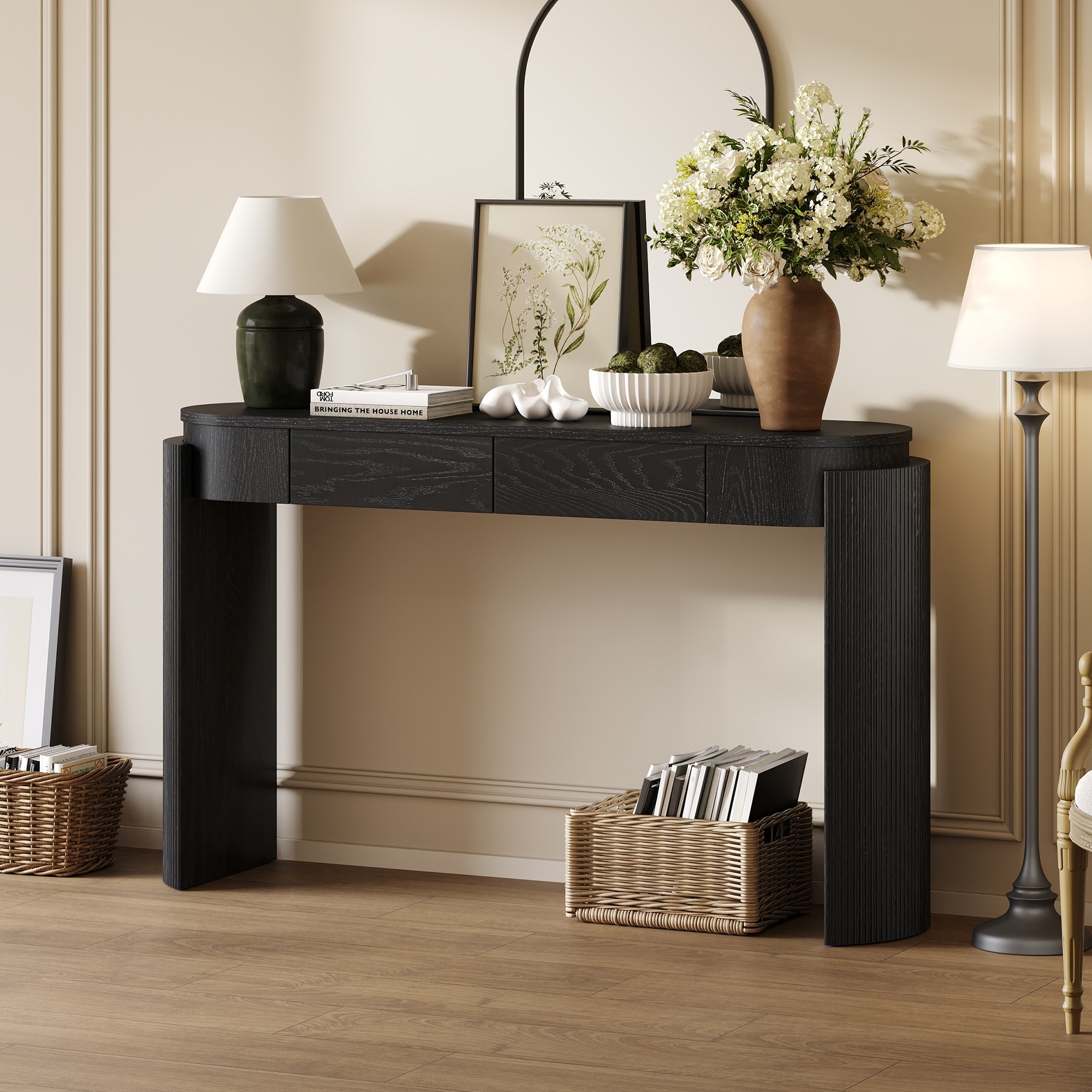Modern 55.1" Long Entryway Table, Wooden Console Table with Oval Tabletop and 2 Drawers