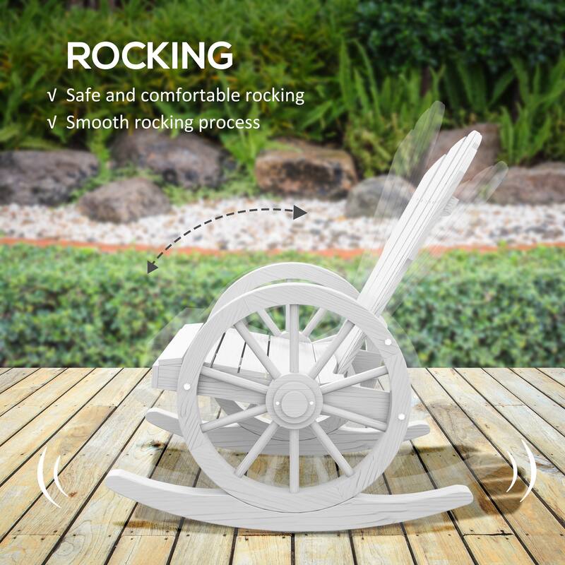 Outdoor Wooden Adirondack Rocking Chair with Wagon Wheel Armrest, Slatted Design and Oversized Back