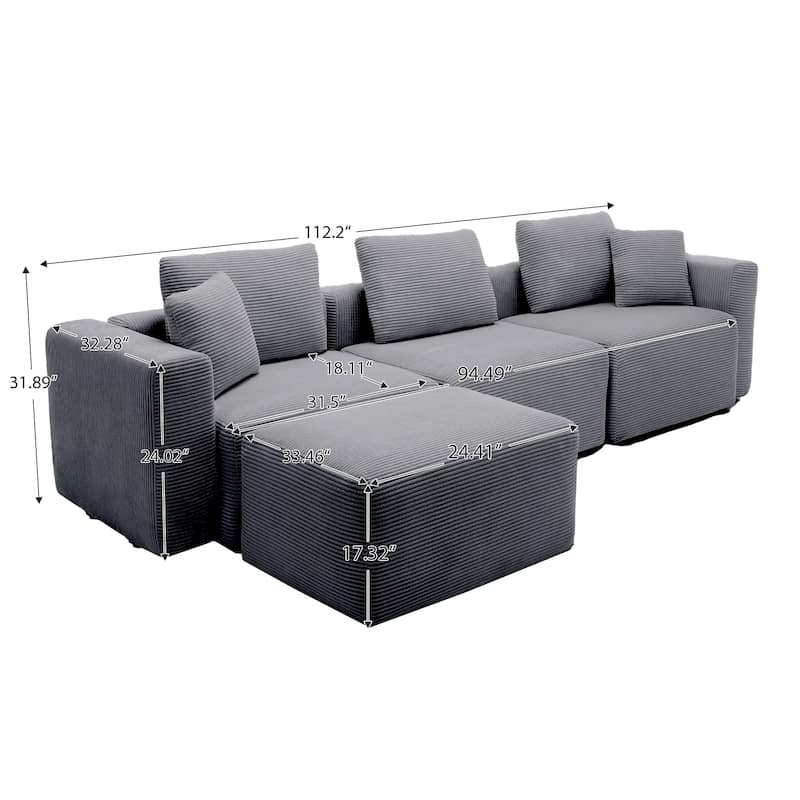 Corduroy Sectional Modular Sofa with Square Arms & Ottoman Extension for Flexible Arrangements