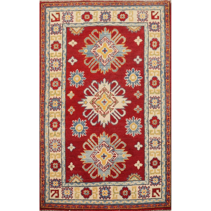 Geometric Red Kazak Oriental Foyer Rug Hand-Knotted Wool Carpet - 2'7" x 4'1"
