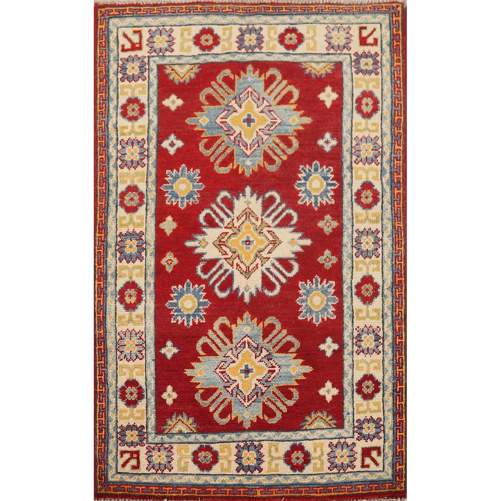 Geometric Red Kazak Oriental Foyer Rug Hand-Knotted Wool Carpet - 2'7" x 4'1"