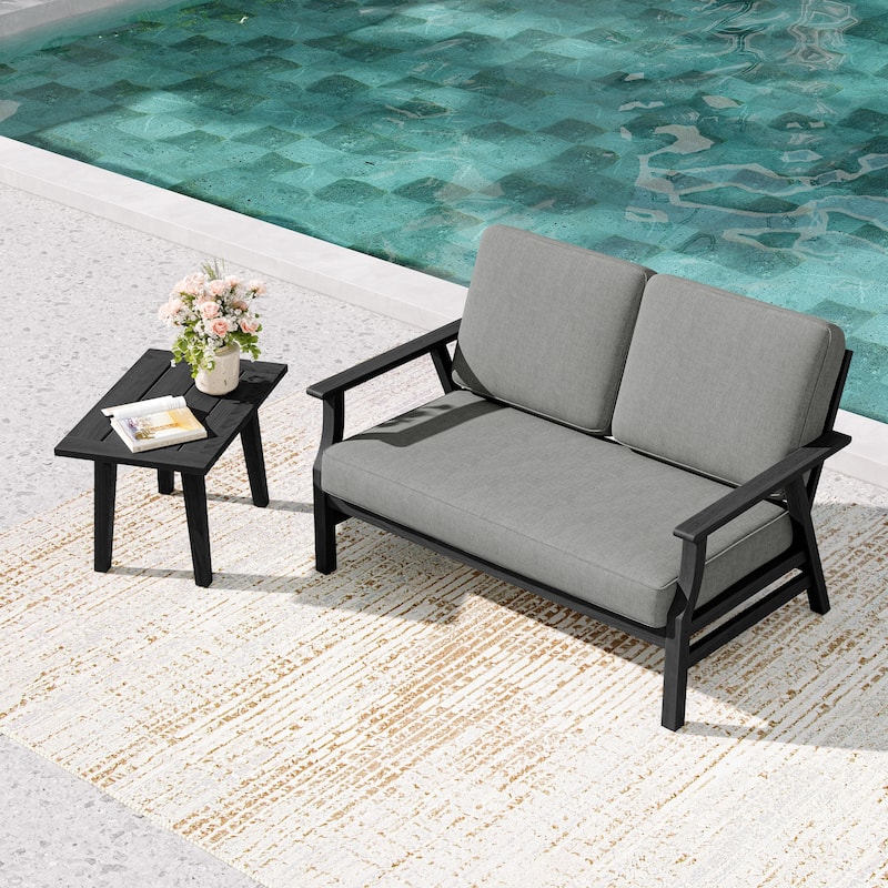 2-Piece Teak Outdoor Loveseat Set with Table. - Black Wood - Grey/side table