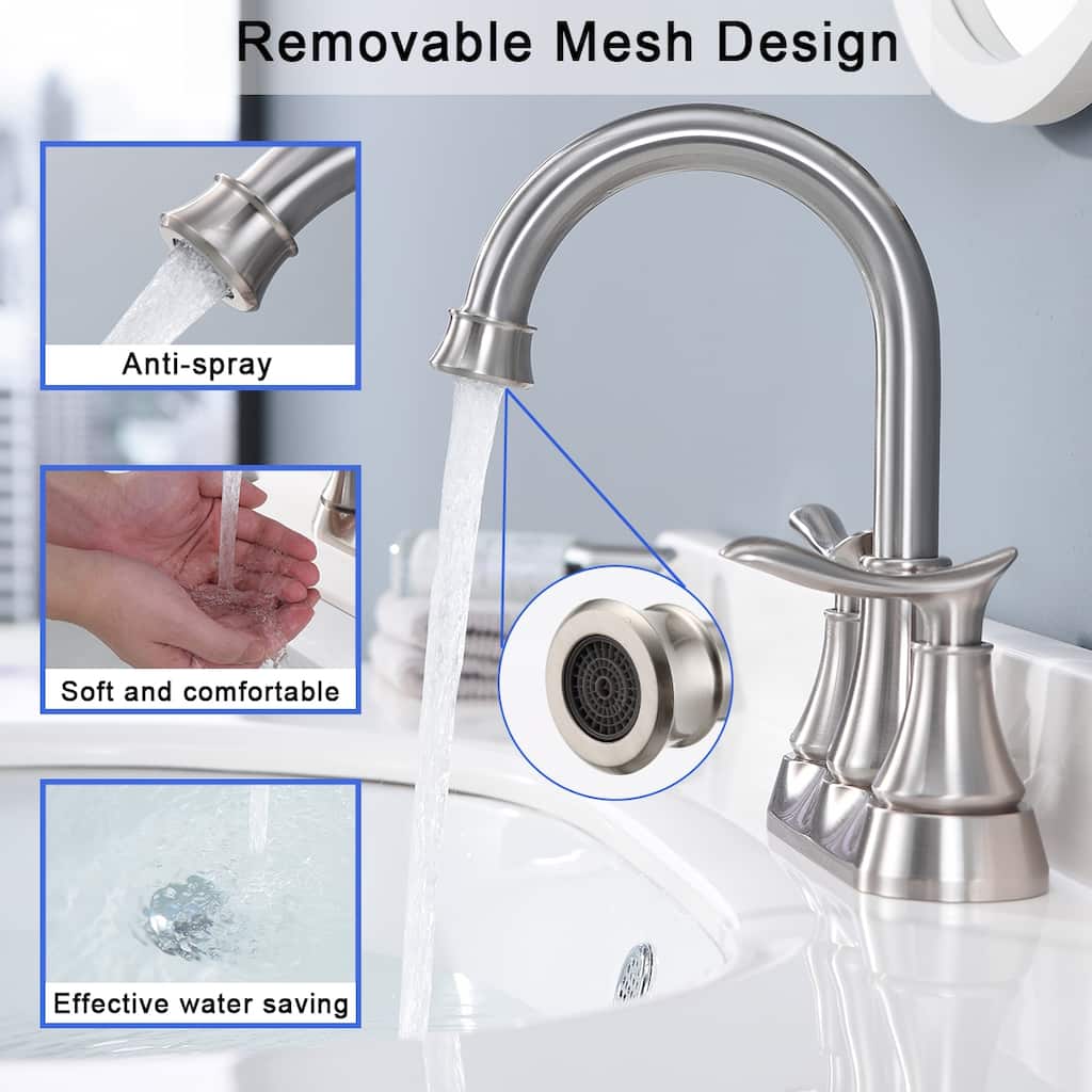 2-Handle 4-Inch Brushed Nickel Bathroom Faucet, Bathroom Vanity Sink Faucets with Pop-up Drain and Supply Hoses