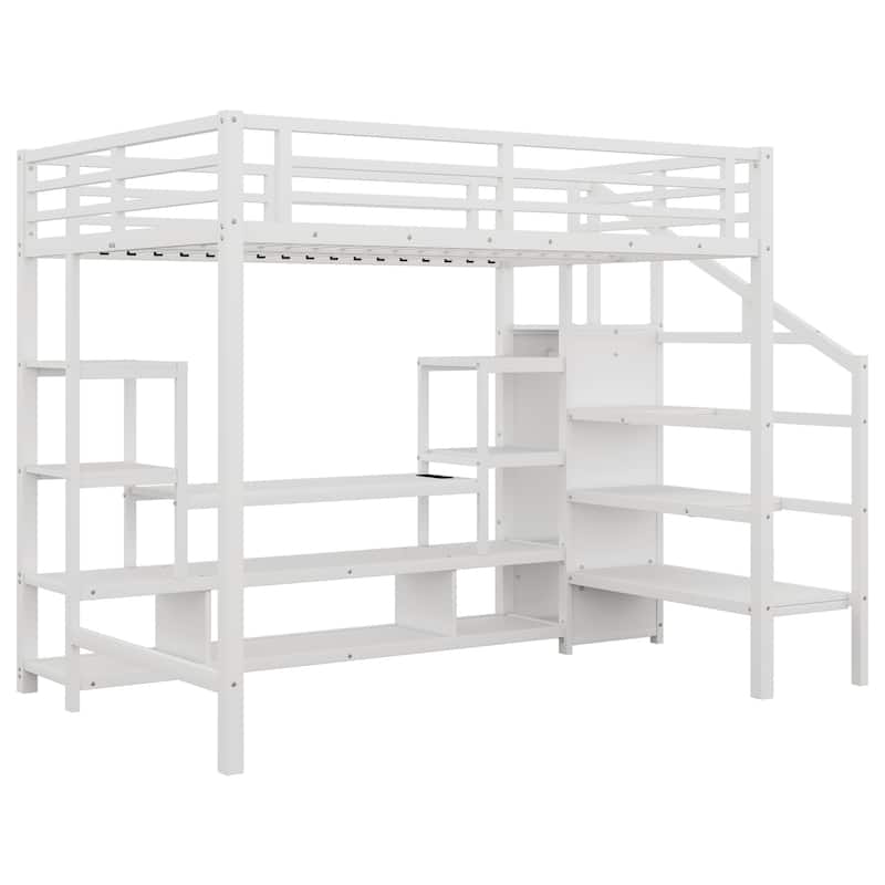 Full Size Metal Loft Bed with TV Cabinet and Staircase, Wardrobe