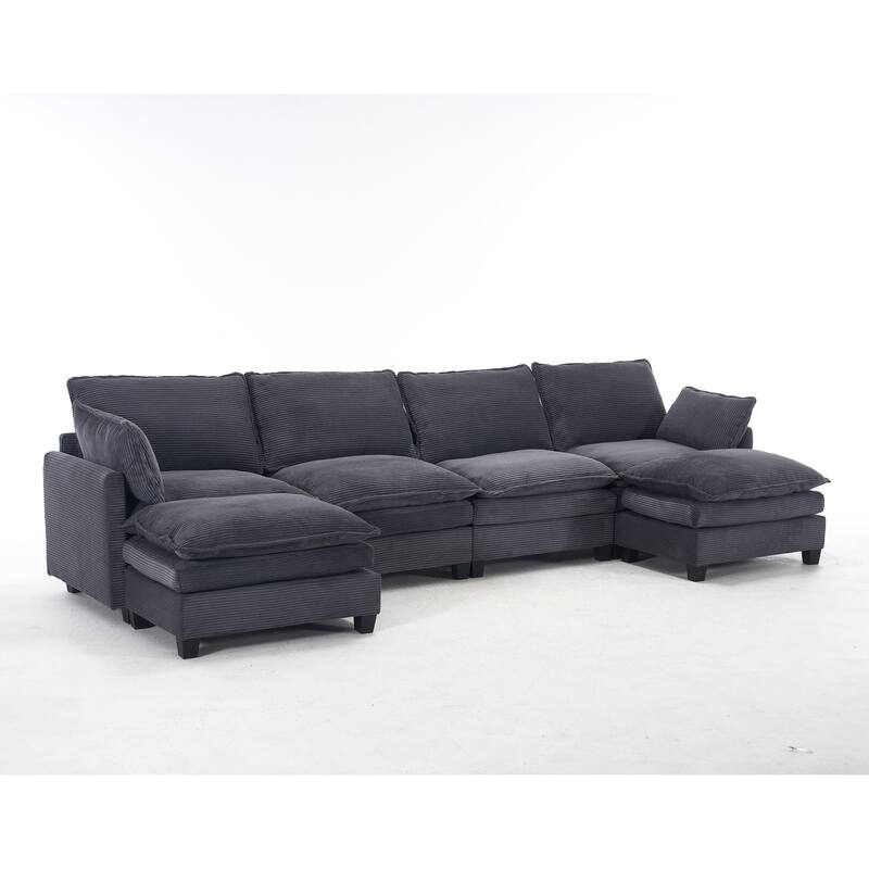 New Oversized Modular Velvet U-Shaped 4-Seat Sofa with 2 Ottoman and 2 Lumbar Pillow for Living Room, Dark Gray