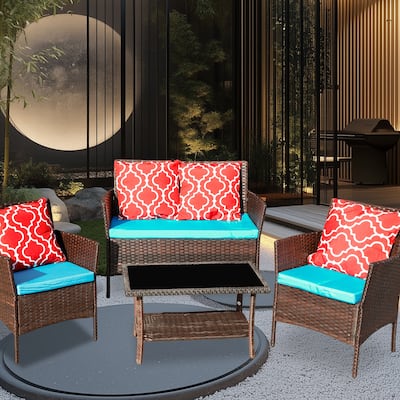 Four-Piece Sofa Set Table With Sofa Chair PE Rattan Outdoor Furniture With Sapphire Blue Color Cushion