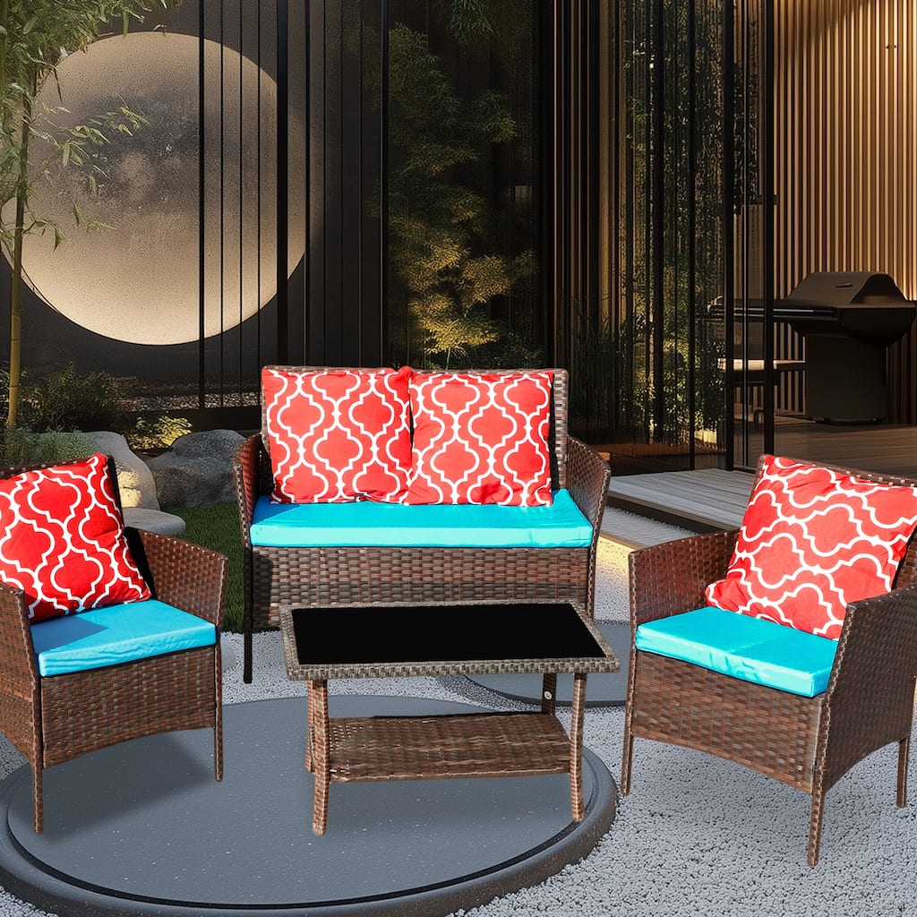 Four-Piece Sofa Set Table With Sofa Chair PE Rattan Outdoor Furniture With Sapphire Blue Color Cushion