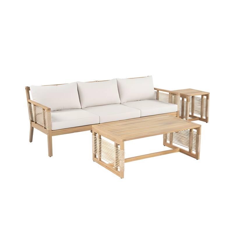 Acacia Wood 3-Seater Outdoor Patio Sofa Set - with 2 Coffee Tables, Teak Look & Beige Cushion for Garden, Poolside