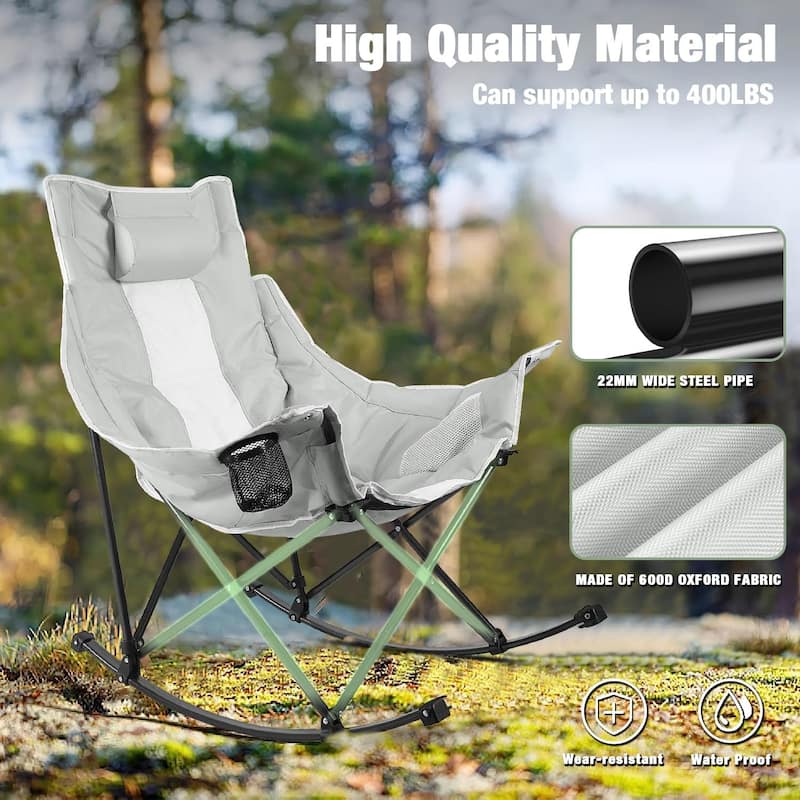 BOSSIN Heavy-Duty Oversized Rocking Camp Chair, Portable Folding w/Cup Holder, Cooler & Pocket for Camping, Beach, Backyard