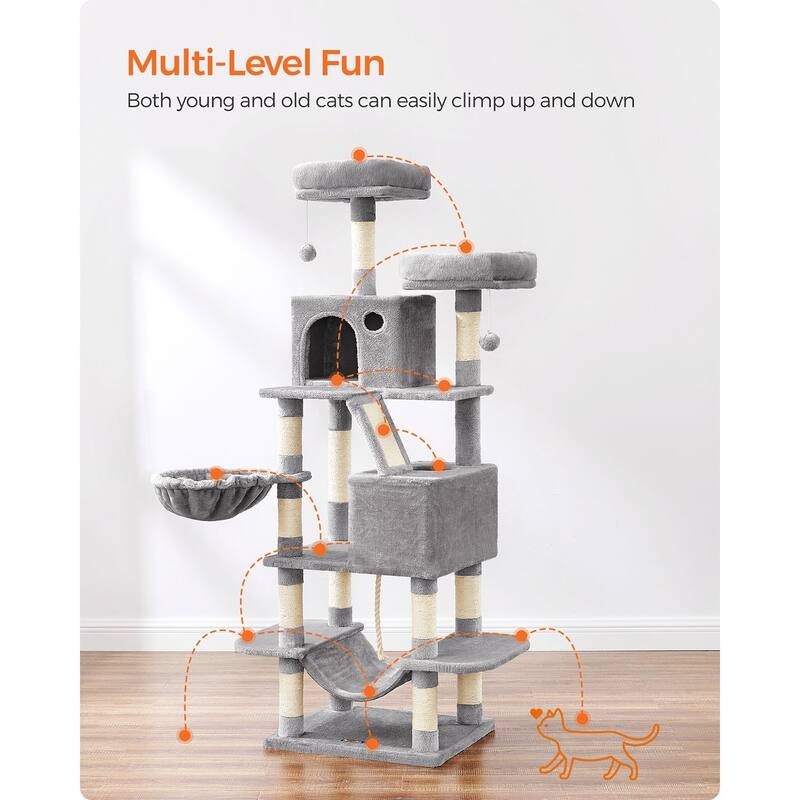 Cat Tree, 66.1-Inch Large Cat Tower with 13 Scratching Posts, 2 Perches, 2 Caves, Basket, Hammock, Pompoms