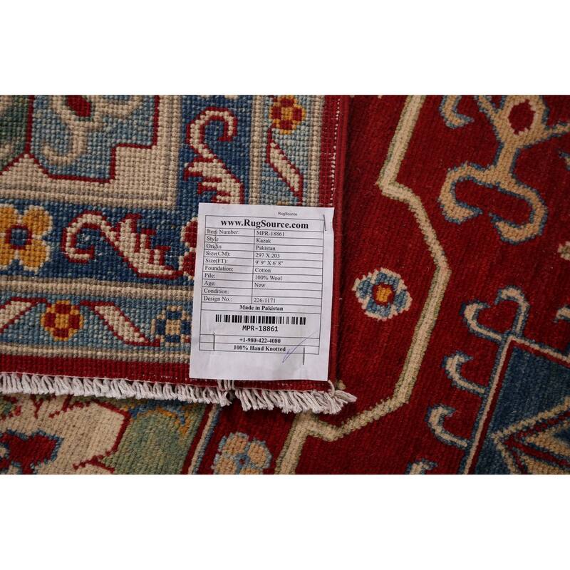 Geometric Red Kazak Area Rug Handmade Oriental Wool Carpet - 6'8" x 9'9"