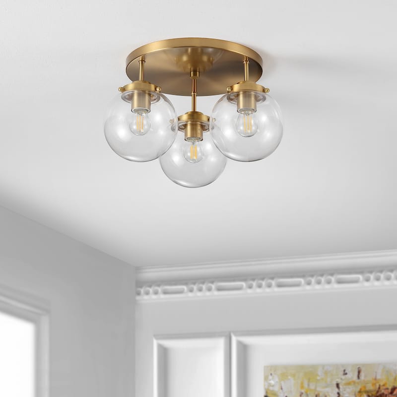 SAFAVIEH Lighting Waneta Flush Mount - 13" W x 13" D x 7" H - Brass Gold/Clear Glass - 13Wx13Dx7H