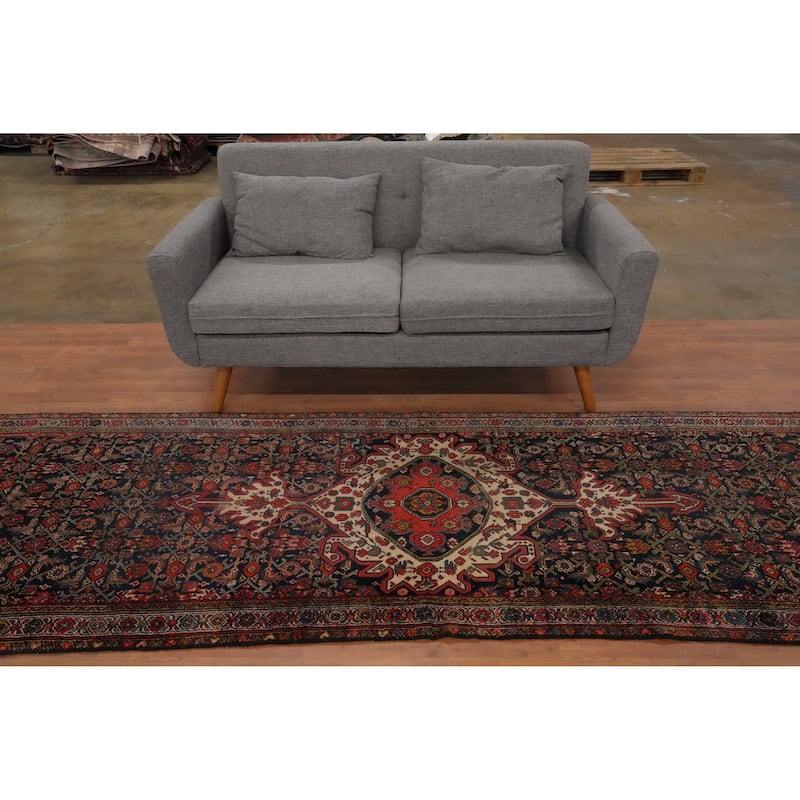 Hand Knotted Oriental 100% Wool Carpet Traditional Geometric Navy Blue & Blues Bibikabad Runner Rug - 13' 4'' X 3' 5''