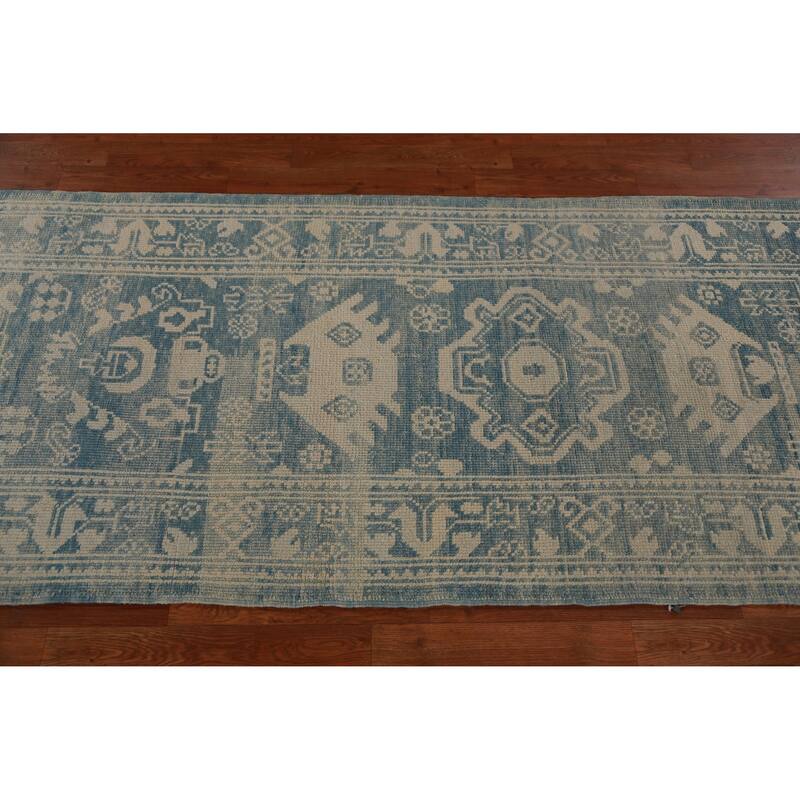Hand Knotted Oriental 100% Wool Carpet Transitional Geometric Navy Blue & Blues Oushak Runner Rug - 14' 2'' X 3' 1''
