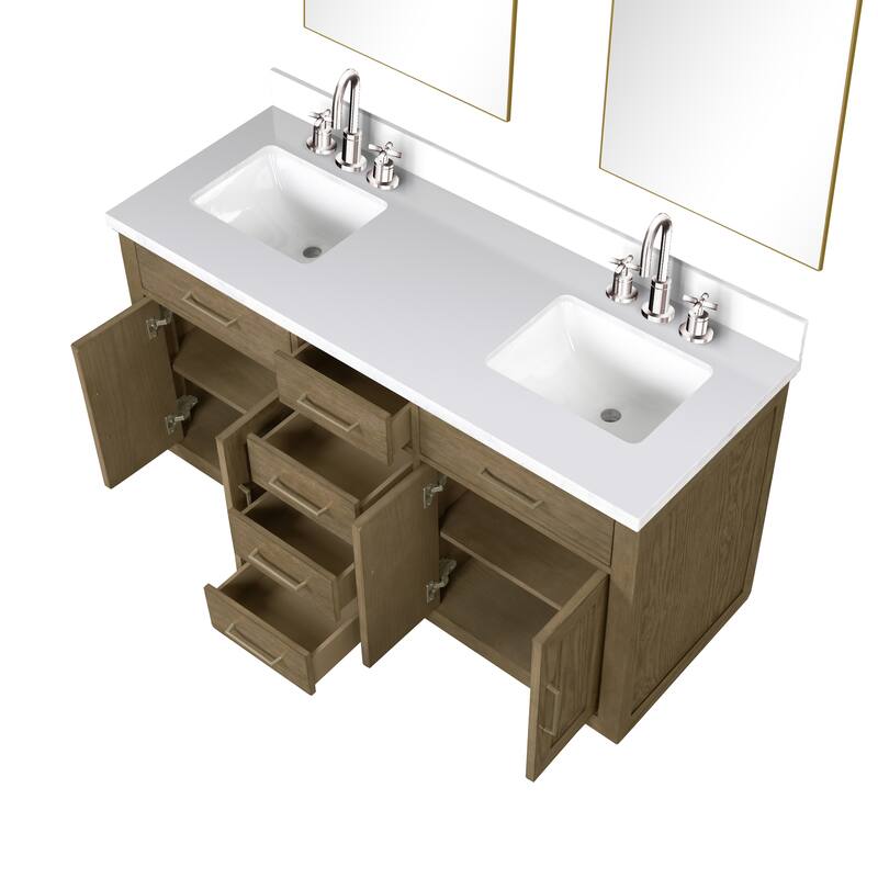 Abbey 60 in W x 22 in D Black Oak Double Bath Vanity, Cultured Marble Top, Faucet Set, and 28 in Mirrors