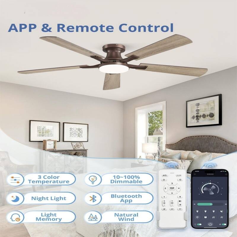20W Dimmable LED Ceiling Fan with Light, App & Remote Control, Flush Mount Low Profile, Quiet Reversible Motor for Bedroom