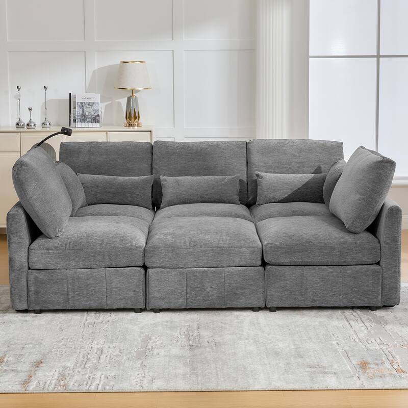 U Shaped Modular Sectional Sofa with Movable Ottoman, Chenille Upholstered 5-Seater Sofa with 2 USB Ports & Phone Holder