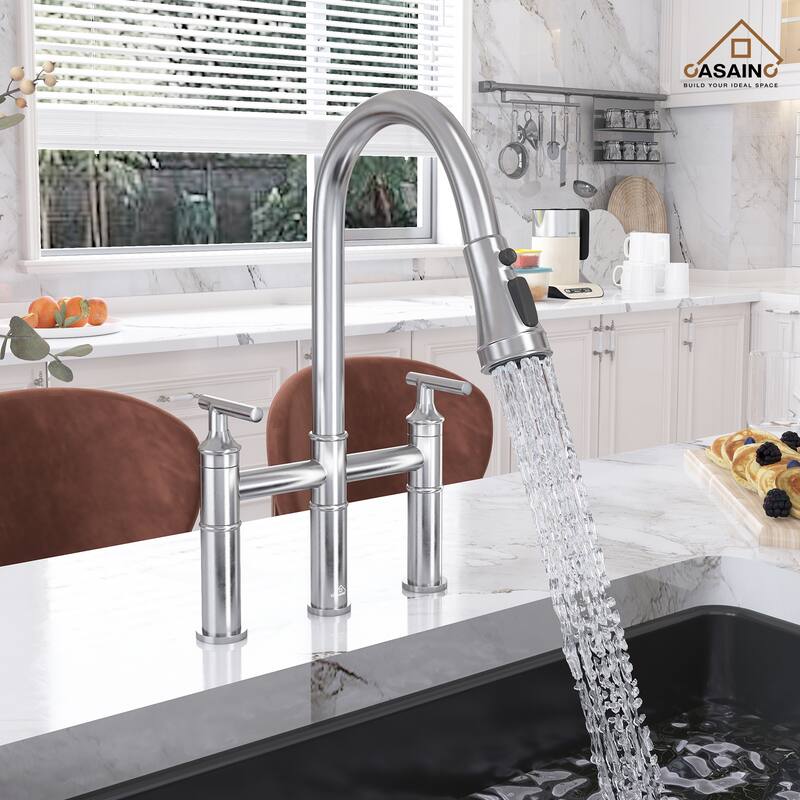 Double Handle Bridge Pull-Down Sprayhead Kitchen Faucet - Silver