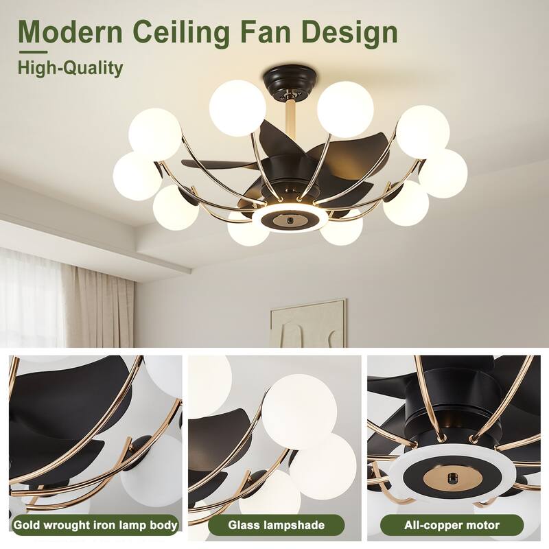 Indoor Black Modern Ceiling Fan with Light, Reversible Fandelier with Bulbs and Remote for Living Room