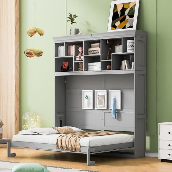 slide 2 of 30, Queen Size Murphy Bed Wall Bed with Top Shelves & USB Gray