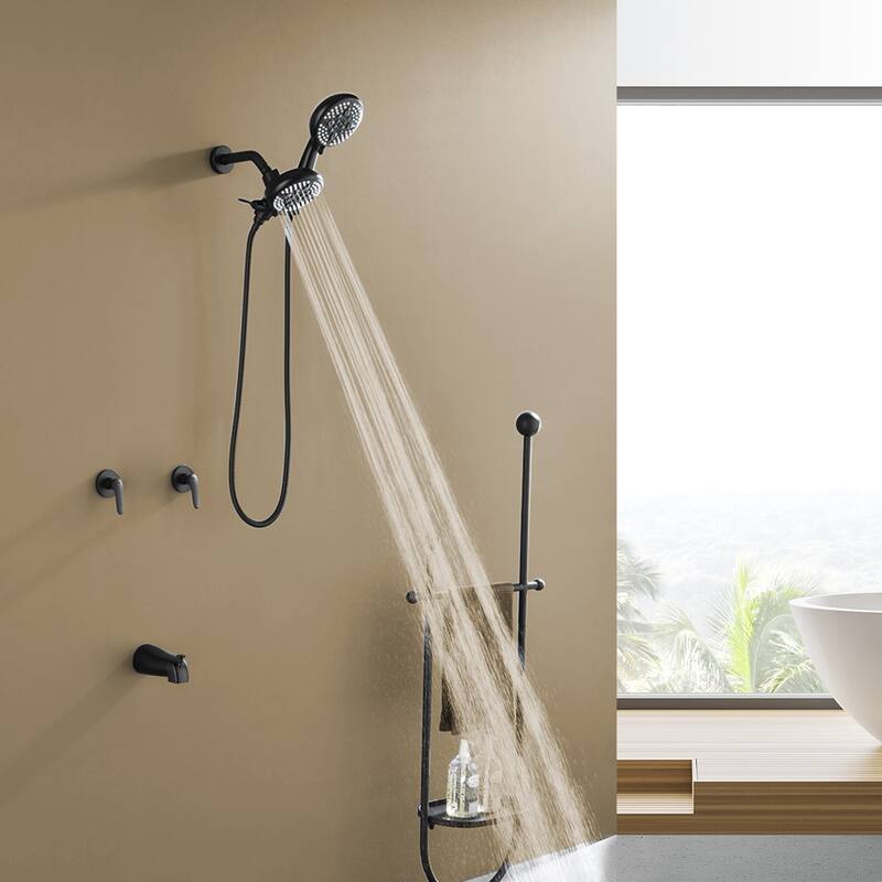 Wall Mount Shower Faucet with Tub Spout Brass 5-Setting Spray Dual Head Complete Shower System with Valve