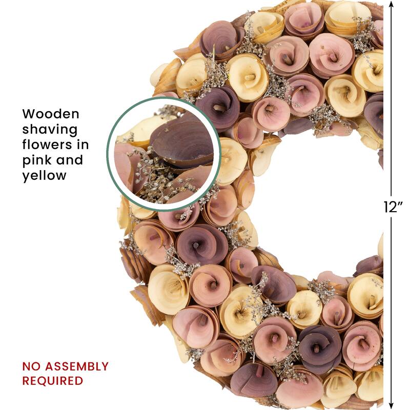 Artificial Floral Wooden Spring Wreath - 12" - Pink and Yellow