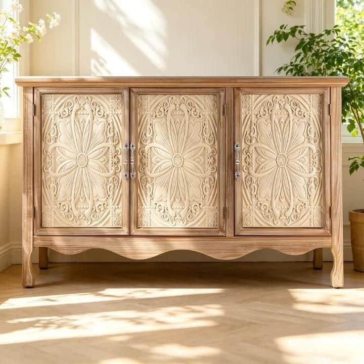 Solid wood accent cabinet – 49" vintage 3-door with floral carving - N/A