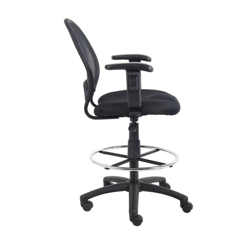 Rea Drafting Stool Chair, Adjustable Arms, Black Mesh, Chrome Footring