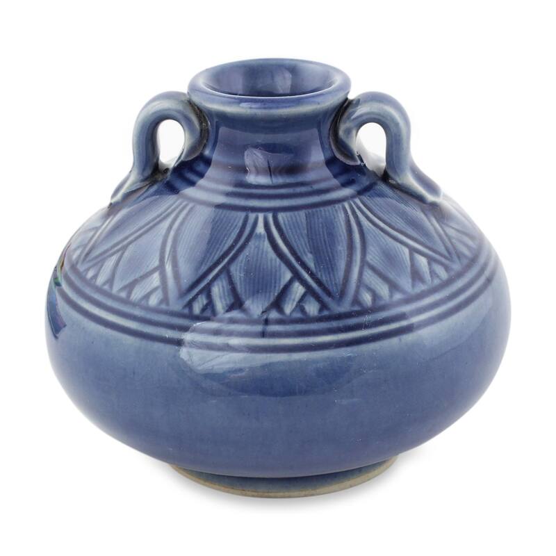 Novica Handmade Sawankhalok Sapphire Lotus Celadon Ceramic Vase