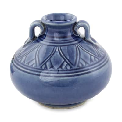 Novica Handmade Sawankhalok Sapphire Lotus Celadon Ceramic Vase