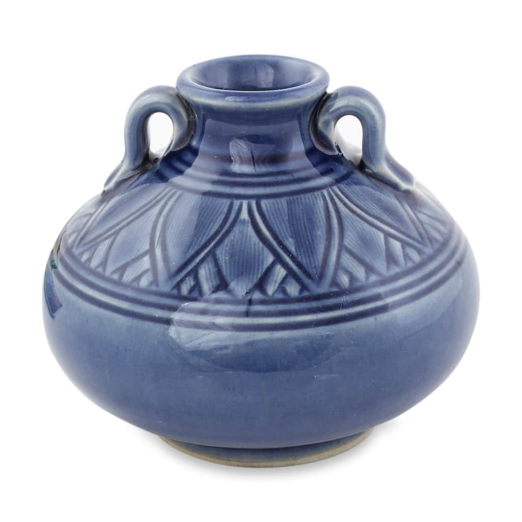 Novica Handmade Sawankhalok Sapphire Lotus Celadon Ceramic Vase
