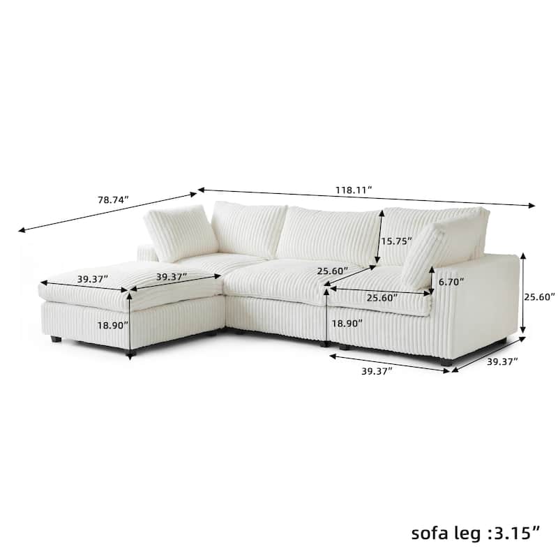 Large L-shape Plush Fabrics Upholstery Sectional Sofa Down Filled Cloud Couch
