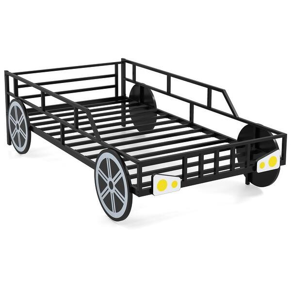slide 2 of 4, Black Metal Twin Car Bed Frame with Guardrails and Underbed Storage Space Black