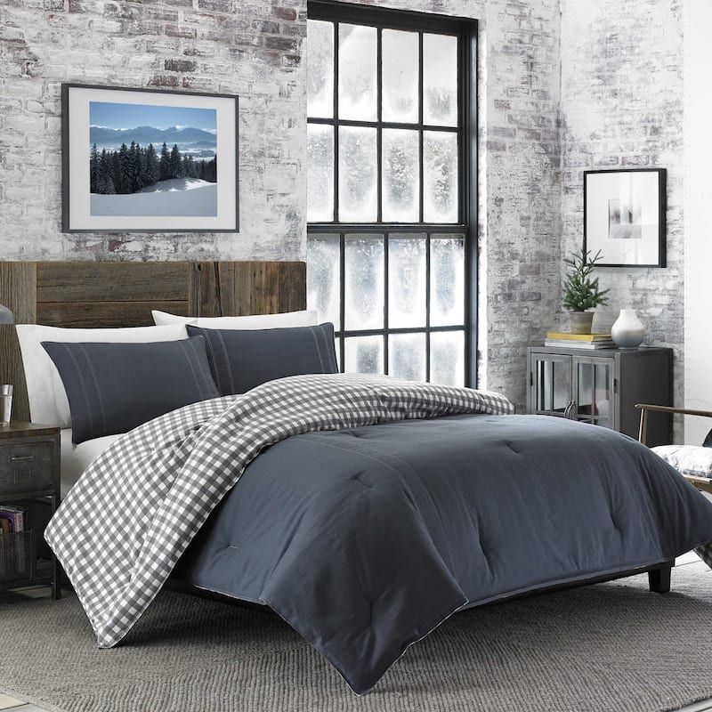 Eddie Bauer Kingston Grey Checked Cotton Flannel Comforter Set