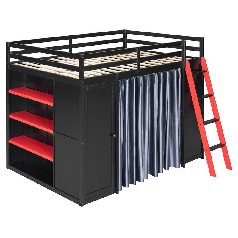 All-in-One Loft Bed Full Size Bedframe with Wardrobe, Shelves, Blackout Curtains, Pegboard, Charging Station and RGB Light Strip