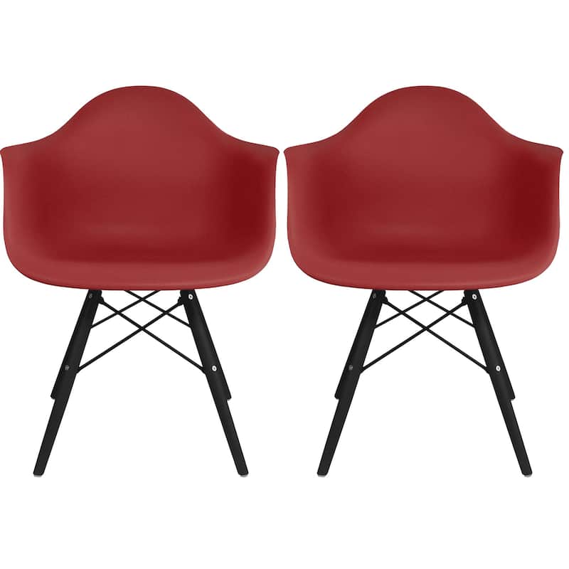 Set of 2 Molded Shell Eiffel Dining Arm Chairs - Mid-Century Modern Accent Chairs with Wood Legs - Maroon
