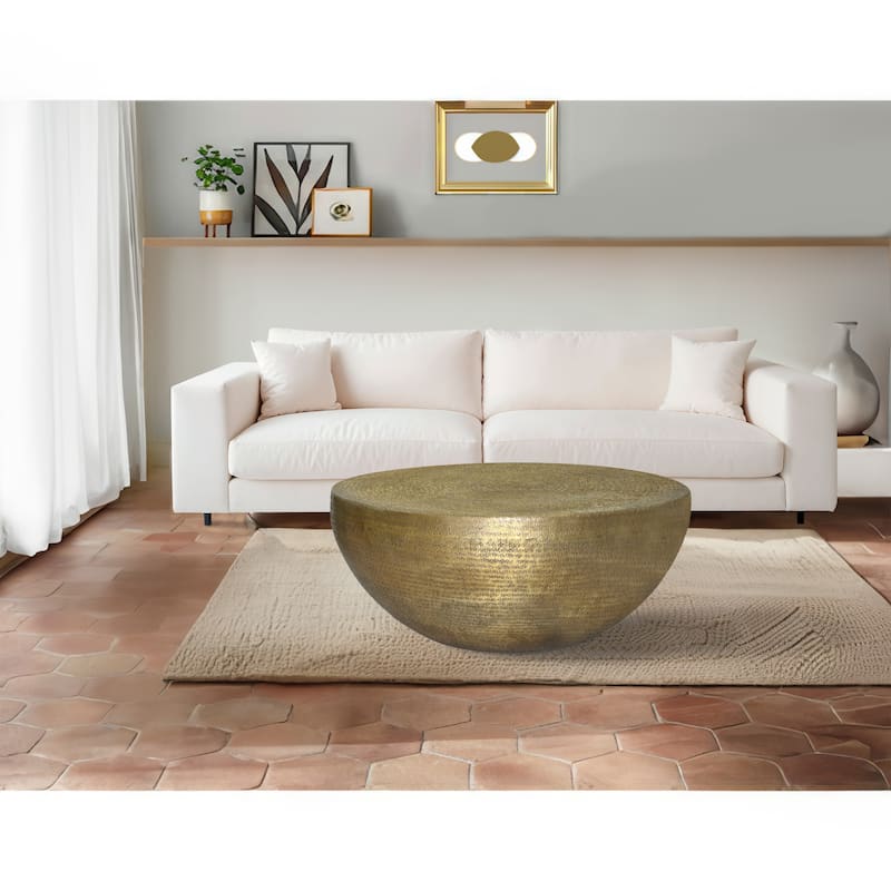 Terminus Coffee Table, 36 Inch Round Bowl Base with Hand Etched Texture, Antique Brass
